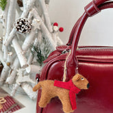Christmas Brown Puppy with Red Scarf Needle Felted Bag Charms Keychain
